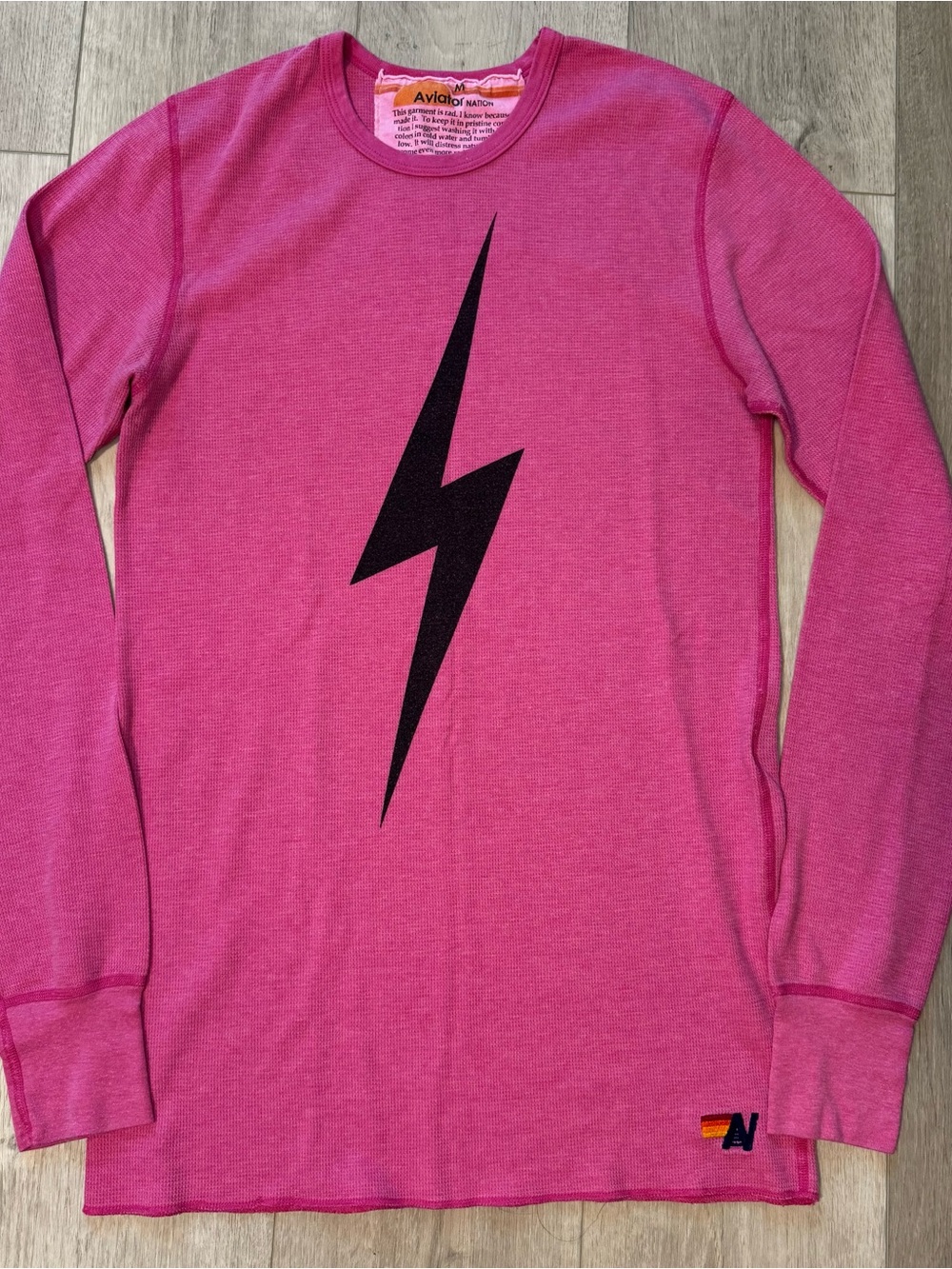 Aviator Nation Hot Pink Long Sleeve Tee with Black Lightning Bolt
